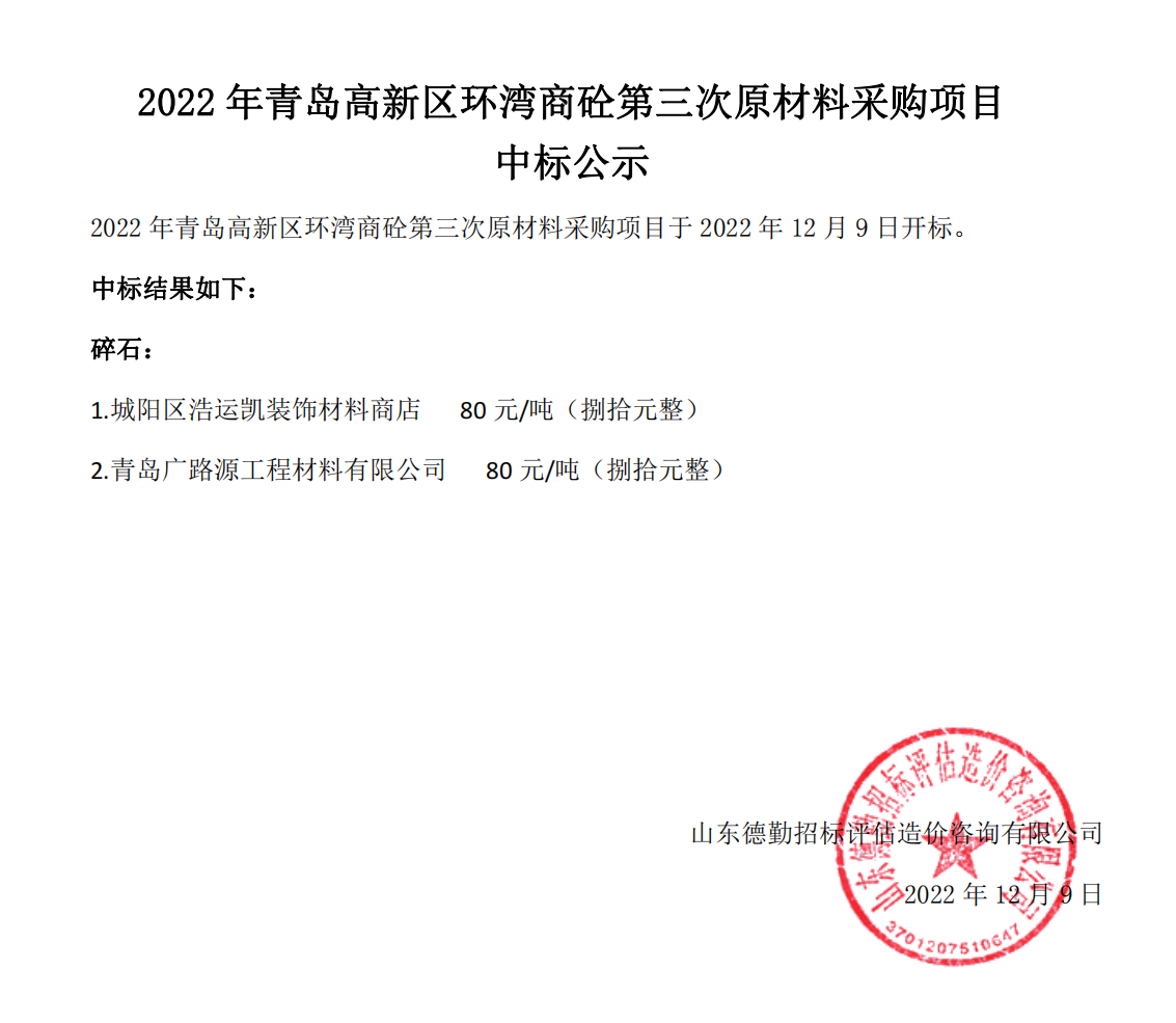 2022年青島高新區(qū)環(huán)灣商砼第三次原材料采購項(xiàng)目-中標(biāo)公示